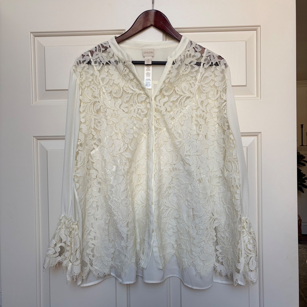 Chicos Ivory Floral Lace Overlay Blouse Bell‎ Cuff Button Front Top Size 3 XL